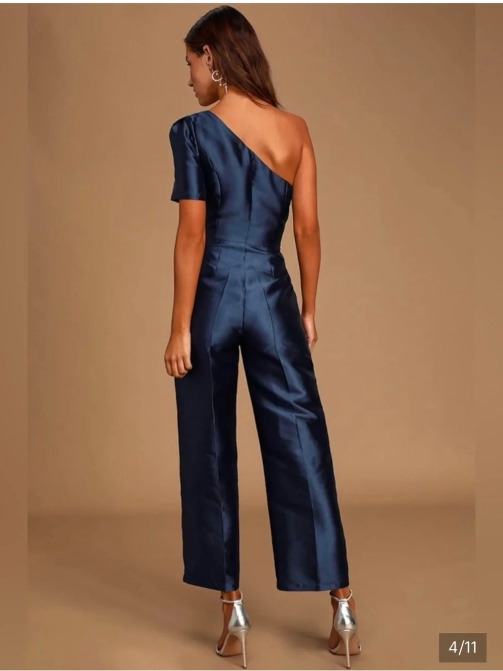 One-Shoulder Navy Satin Jumpsuit XS - Picture 3 of 5